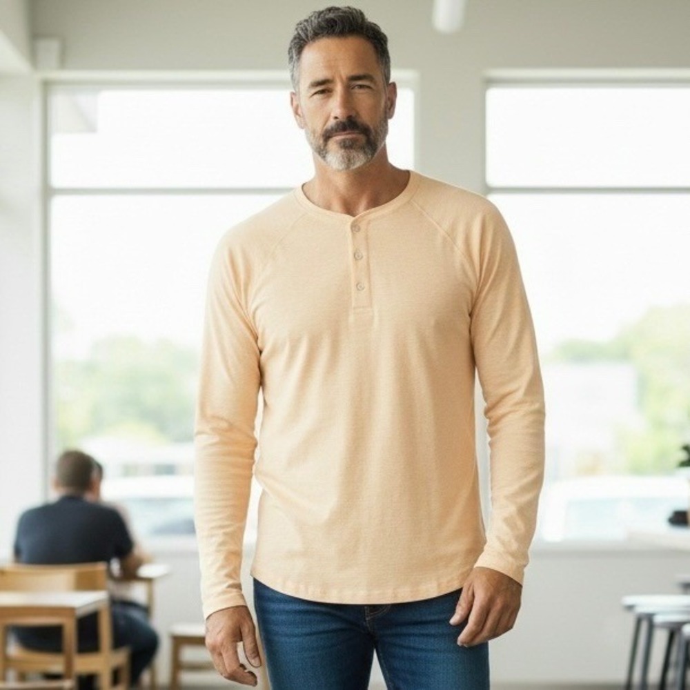 Desert Dunes Mens Henley Shirt Sz Medium Canary Melange Organic Cotton Blend NWT